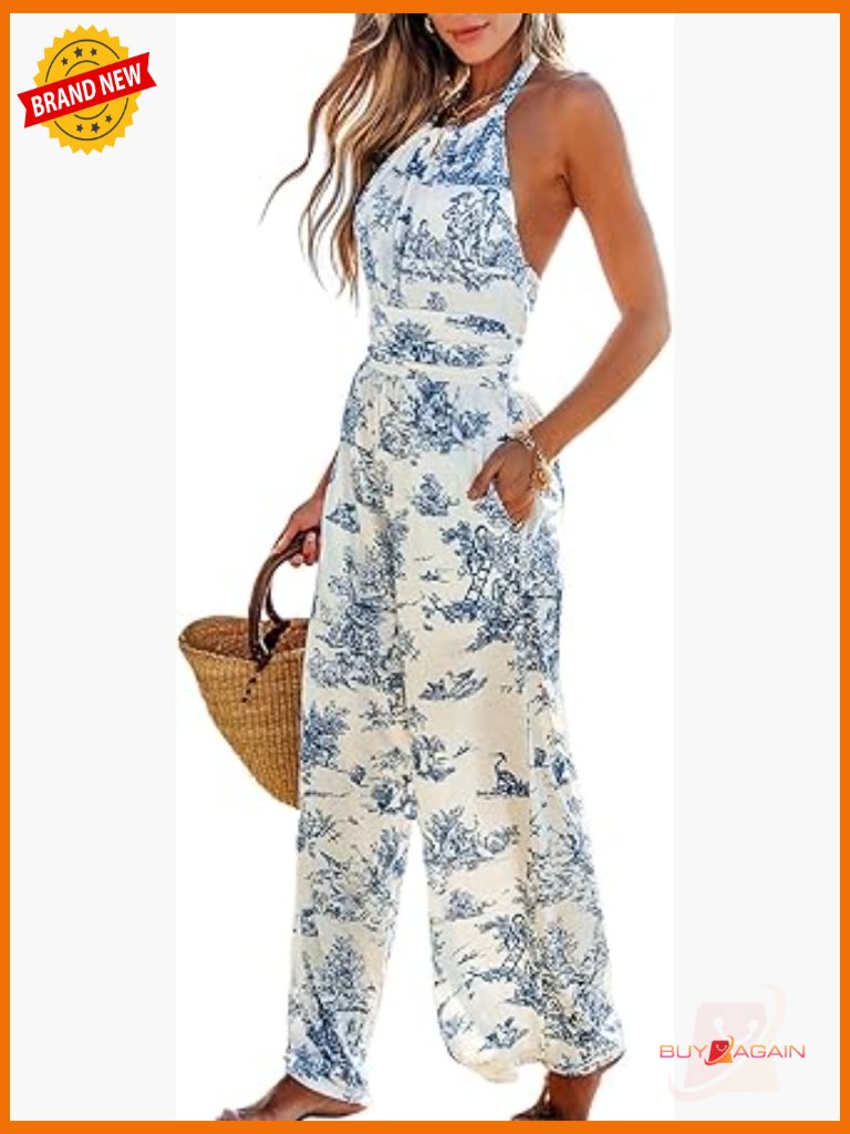Halter Tie Neck Wide Leg Jumpsuit Sleeveless Pockets Resort